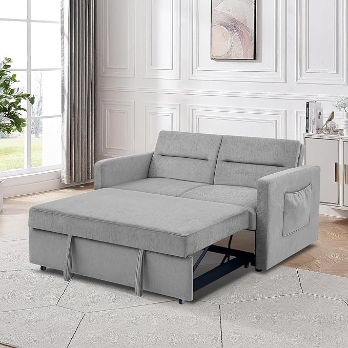 Loveseat Sleeper Sofa Bed Pull Out Couch Comfortable Chenille Fabric Adjustable Backrest Resilient Sponge Cushions Sturdy Wood Frame Side Storage Pockets Grey