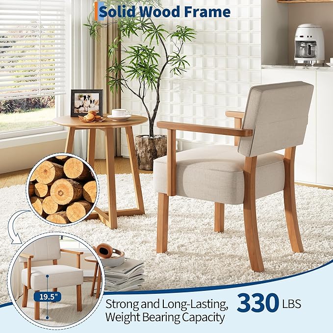 Garvee Mid-Century Accent Chair with Wood Frame. Linen Fabric Upholstered Lounge Armchair with Classic Vertical Stripe. Reading Leisure Chair for Living Room Bedroom Balcony Beige