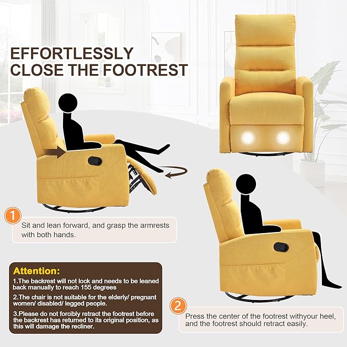 360° Swivel Rocker Recliner Chair for Small Spaces Manual Recliner with Side Pockets for Petite Adults Small Rocker Recliner for Living Room Bedroom - Yellow