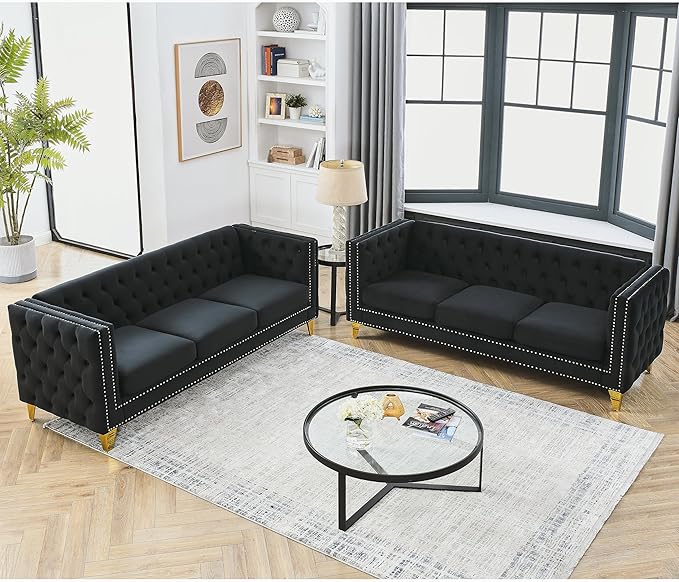 KEIKI Tufted Velvet 3+3 Seat Sofa Couch for Living Room Buttons Tufted Square Arm Couch for Home Apartment Black