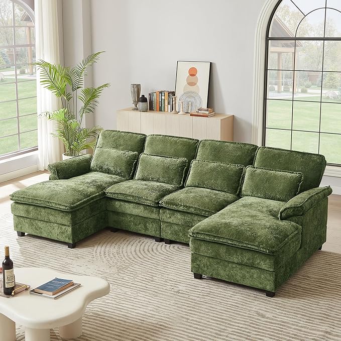 113 U Shaped Sectional Sofa Comfy Cloud Couch Chenille Sofa Sleeper Deep Seat Sofa with 4 Throw Pillows 4-Seater Double-Layer Modern Sofa for Living Room Green