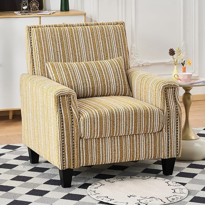 Stripes Accent Chair Modern Upholstered Boucle Fabric Armchair Single Sofa with Wood Legs for Living Room Patio Yellow Stripes.