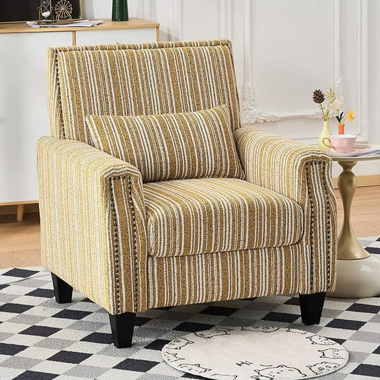 Stripes Accent Chair Modern Upholstered Boucle Fabric Armchair Single Sofa with Wood Legs for Living Room Patio Yellow Stripes.
