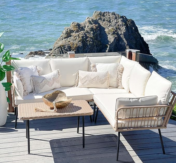 YITAHOME 4 Pieces Patio Furniture Set with 5 Seater Outdoor Sectional with Thickness Cushions and Side Table Boho Patio Conversation Set Outdoor Furniture Set for Backyard Porch Balcony