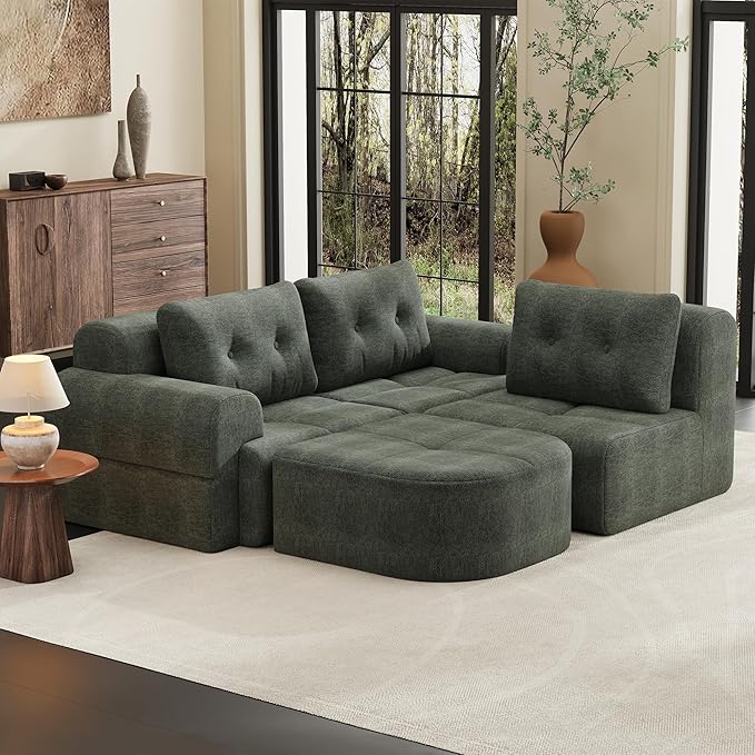 Boneless L-Shaped Modular Couch - 110 Inch Cloud Chenille Compression Sectional SofaNo Assembly Required Ideal for Apartments &amp Living RoomsBlackish Green