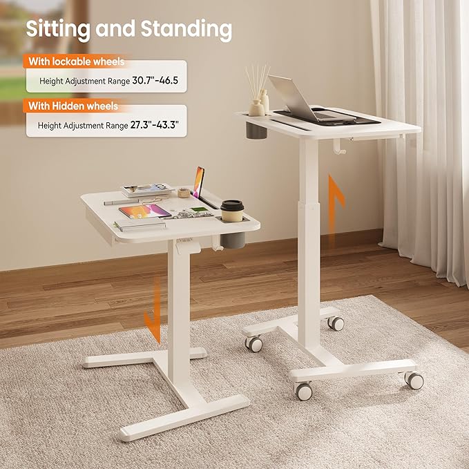 Monomi Mobile Standing Desk with Drawer 28 Rolling Desk with Cup Holder and Hooks Portable Laptop Cart on Wheels Height Adjustable Workstation with Storage for Home Office White Furniture