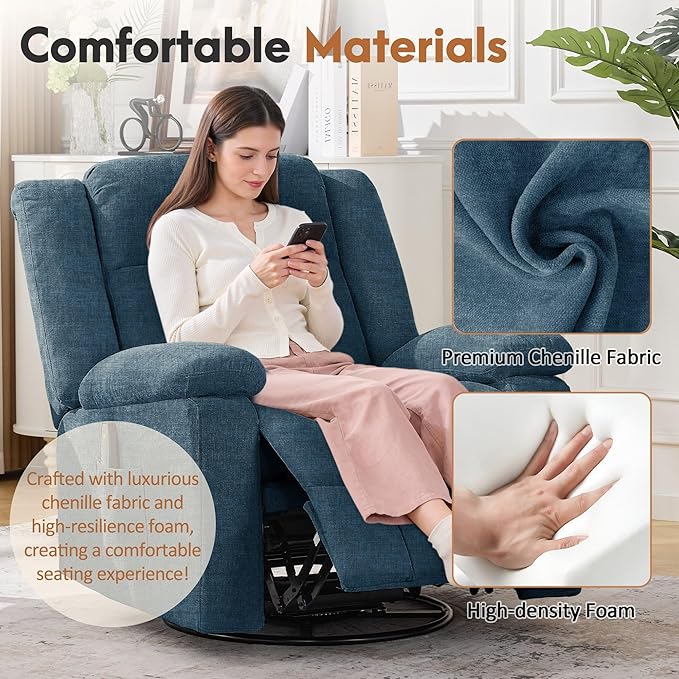 Rocker Recliner Chair for Adults 360° Swivel Rocker Recliner with Massage and Heating Nursery Rocking Chairs with Side Pockets Manual Reclining Chair for Living Room Bedroom or Nursery