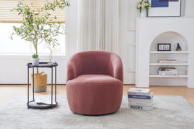 360 Degree Swivel Chair Teddy Fabric Modern Bucket Chair with Black Powder Coated Metal Ring for Living Room Bedroom (Red)