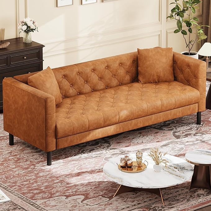 81 Button-Tufted Leather Sofa Mid-Century Modern Chesterfield 3 Seater with Deep Seat and 2 Pillows Ideal Leather Couch for Living Room Apartment and Office Use (Cognac Tan)