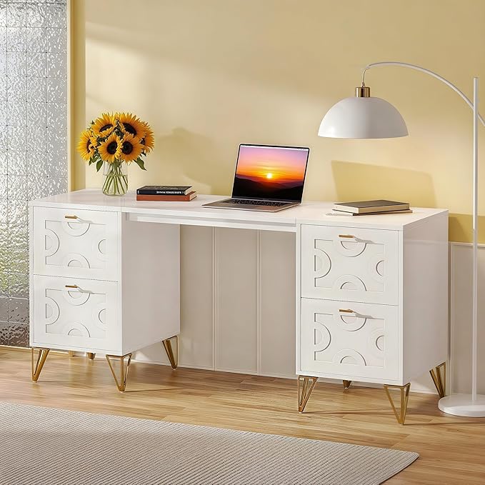 Tribesigns White and Gold Computer Desk 59'' Modern Writing Table with File Drawers Luxury Home Office Executive Desk with Gold Metal Legs for Work or Vanity Use
