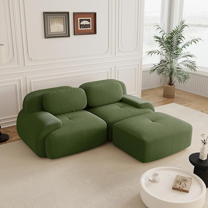 80.3 Modular Sectional Sofa Boneless Cloud Couch 2-Seater Deep Seat Cloud Couch Luxury Corduroy Fabric Sofa for Living Rooms Bedrooms Apartment (Green 80.3inch+Ottoman)
