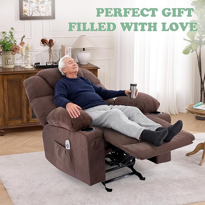 Manual Recliner Chair Rocker Recliner with Vibration Massage &amp Heat Ergonomic Reclining Fabric Living Room Chairs for Bedroom Nursery Single Sofa with 4 Pockets 2 Cup Holders Brown