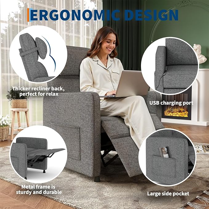 GarveeHome Electric Recliner Chair Adjustable Power Recliner for Living Room Bedroom with Lumbar Support &amp Side Pockets &amp USB Port(Gray)