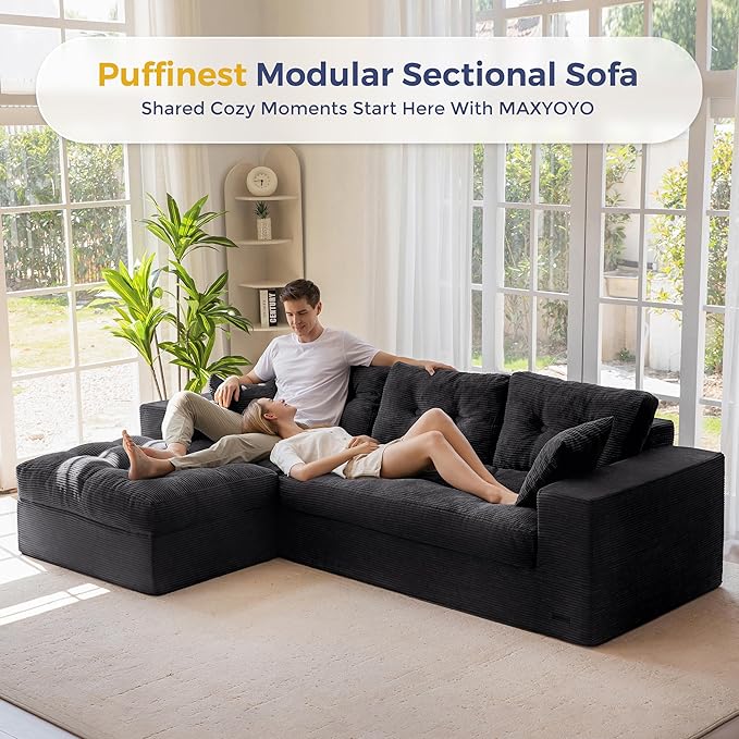 MAXYOYO 104 L Shaped Modular Sectional Sofa with Ottoman Cloud Boneless Couch with Layered Cushion Upholstered Sofa in a Box Flexible Module Combination for Living Room No Assembly Black