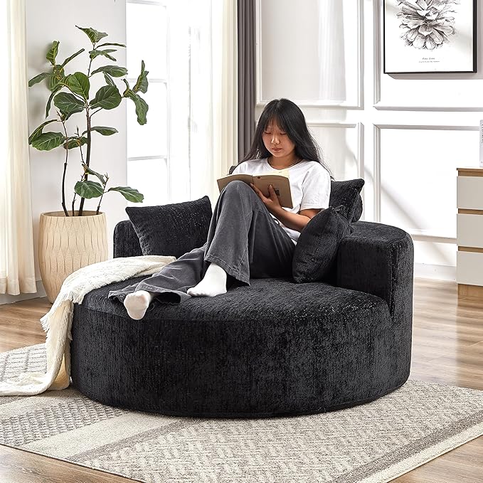 55''L Chenille Sponge Single SofaOversized Round ChairFluffy Modern Sleeper Chair for Living Room Lounge and Projection RoomWide Armrest Lounge Chairs Armchair with Pillow Black