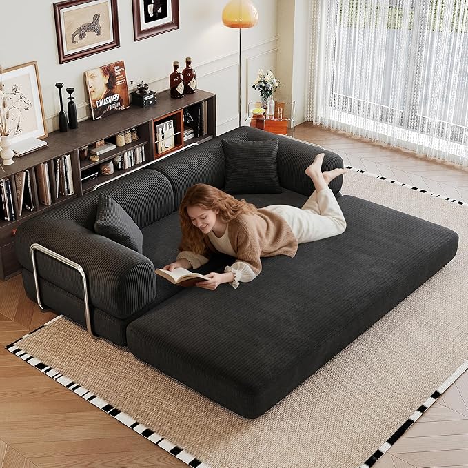 79 Convertible Sleeper Sofa Bed Modern Corduroy Floor Couch Bed with Silver Fixed-Shape Frame Modular Sofa with Pull Out Bed Loveseat Sleeper Boneless Couch for Living RoomBlack