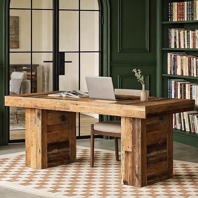 Tribesigns 63 Large Executive Desk Farmhouse Computer Office Desk Wooden Writing Table Rustic Rectangle Business Workspace Table for Home Office Distressd Brown