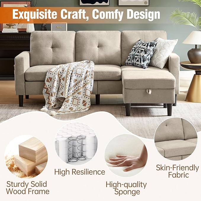 80 Convertible Sectional Sofa Couch with Movable Ottoman 3 Seats Sectional Sofas L Shaped Couch for Small Spaces Soft Fabric Couch for Living Room (Beige)
