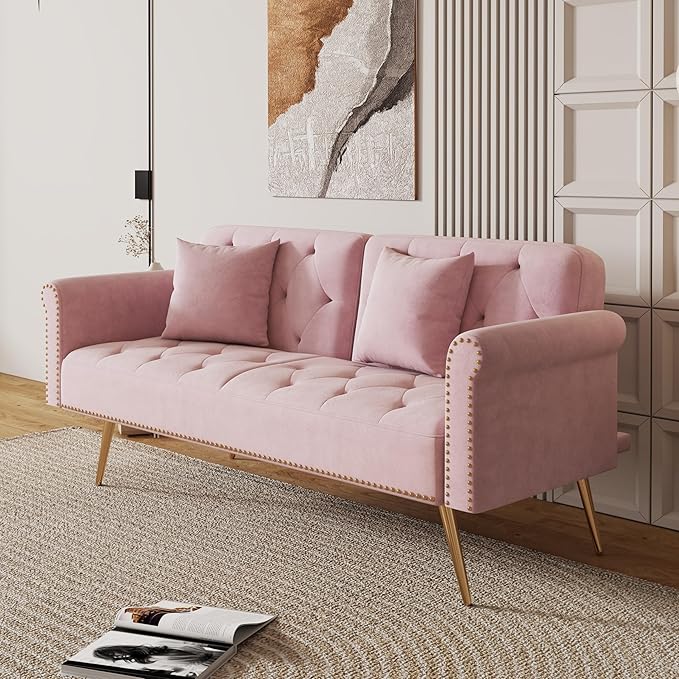 Stylish Velvet Sofa 70 Sofa Sleeper Convertible with Matching Pillows for Living RoomApartmentSmall Spaces (Pink)