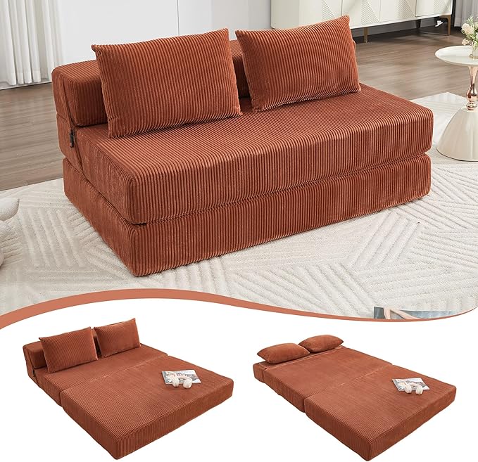 GNIXUU Fold Out Couch 3-in-1 Convertible Futon Sofa Bed with 2 Pillows Corduroy Foldable Floor Chair Boneless Loveseat Couches for Living Room Bedroom Small Spaces Orange