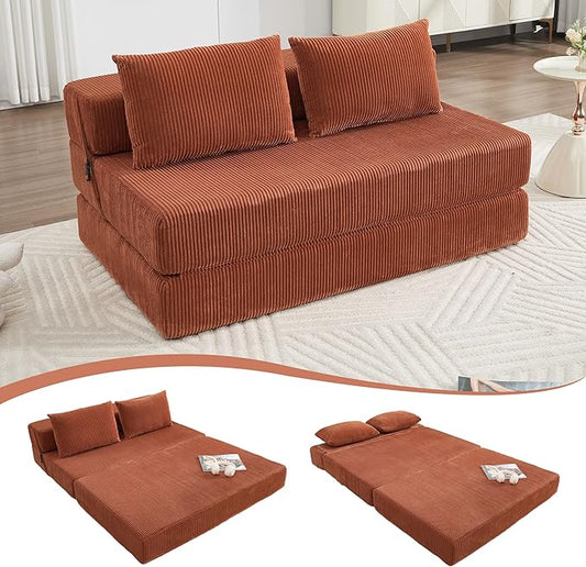 GNIXUU Fold Out Couch 3-in-1 Convertible Futon Sofa Bed with 2 Pillows Corduroy Foldable Floor Chair Boneless Loveseat Couches for Living Room Bedroom Small Spaces Orange