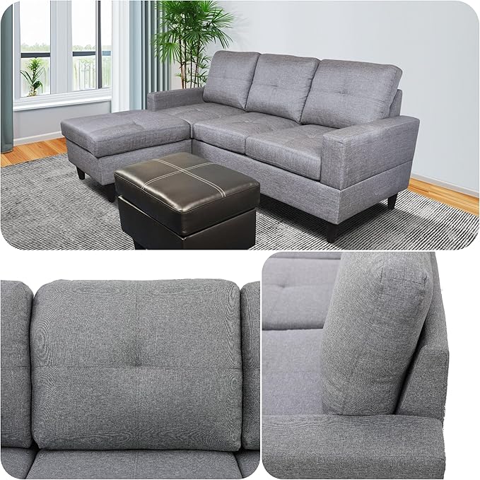 FONTOI L Shaped Sofa with Ottoman Modern Faux Leather Couch with Chaise 3 Seat Living Room Sofa Set with Solid Wood for Home Apartment Study Room Brown Grey