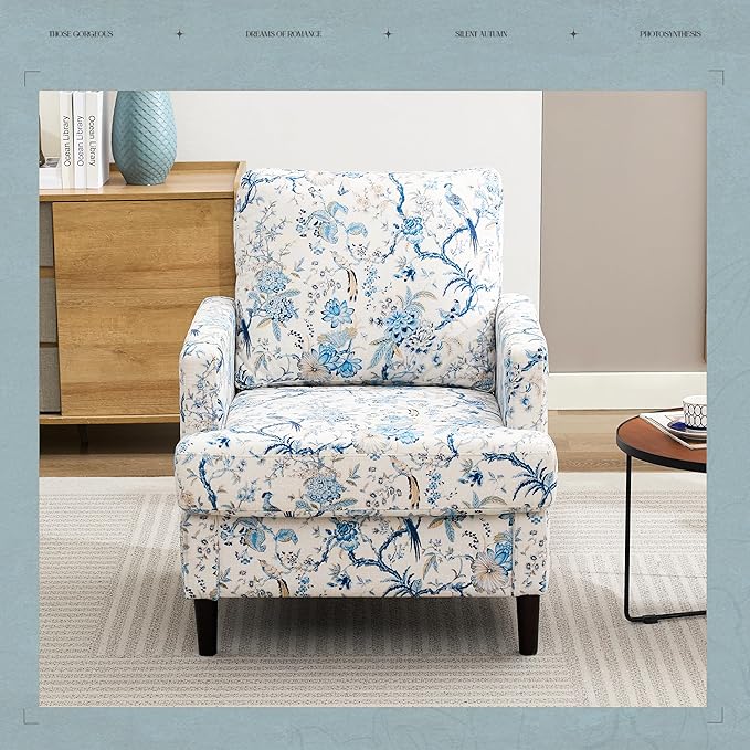 Mid-Century Accent ChairModern Linen Fabric Armchair for Living RoomComfy Upholstered Reading Accent Chairs for BedroomSingle Sofa Chair with Wood Legs (Blue Flowered Bird 2 Pack)