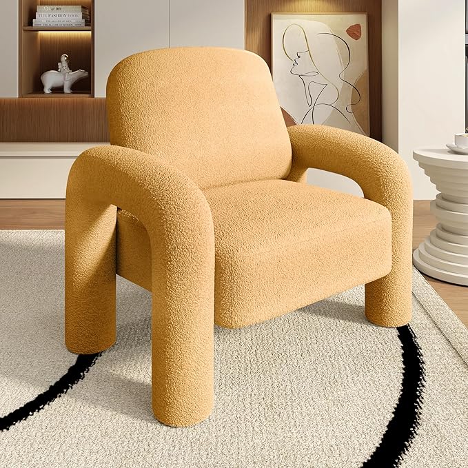 Modern Sherpa Accent Chair Teddy Upholstered Arm Single Sofa Cozy Fluffy Reading Chair for Living Room Bedrooms Corner (Yellow)