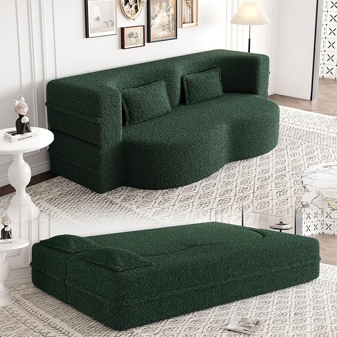 78 Convertible Folding Sofa Bed 2-in-1 Full Size Floor Boneless Couch Bed Loveseat sleeper Couch  Teddy Floor Sofa Memory Foam Sleeper SofaBed Small couches for small spaces No Assembly (Green)