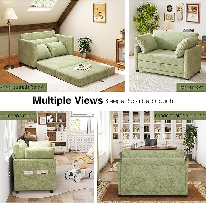 51 Loveseat Sleeper Sofa Bed Chenille Convertible Floor Sofa Bed for Small Spaces Folding Couch Bed with Deep Seat 2 Pillows &amp Solid Frame Pull Out Couch for Living Room Light Green