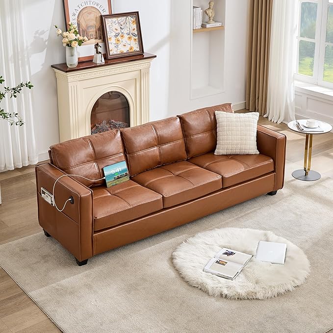 TYBOATLE 88 W Faux Leather Couches for Living Room w/Side Pockets Mid-Century Modern Tufted Comfy Leather Couch w/USB and Wider Arms 3 Seater Sofa for Office Apartment Bedroom