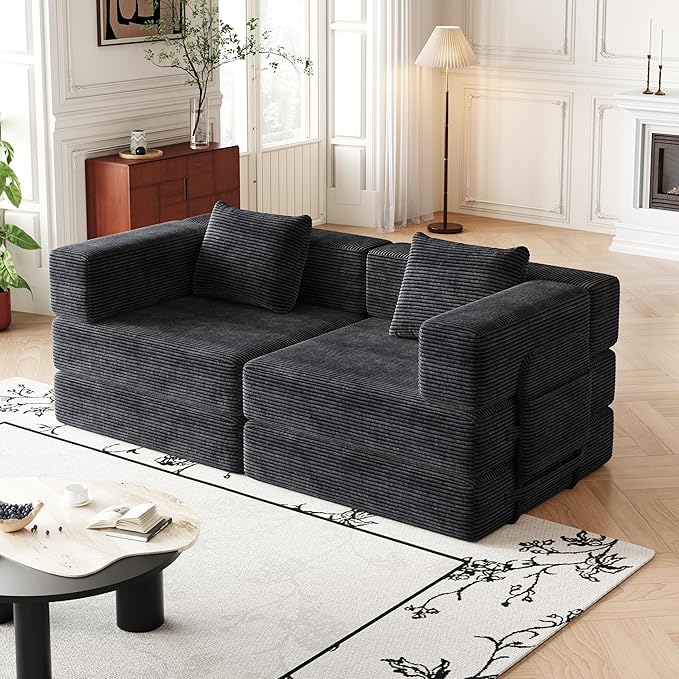 KEIKI 72.4'' Convertible Sofa Bed 2 Seat Corduroy Fabric Sofa with Two Side Storage Pockets and Two Cushions Comfortable Folding Sleeper Carpeted Couch for Living Room Bedroom and Study Black