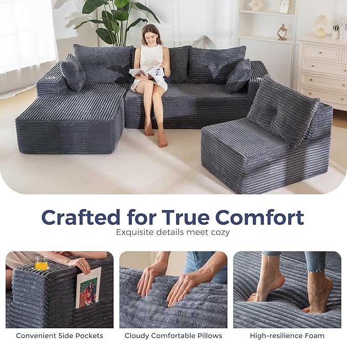 MAXYOYO 132 Oversize Modular Sectional Couch with L-Shape Chaise Modern Boneless Couch for Living Room Sofa in A Box Oversized Sofa Sleeper with Deep Seat No Assembly Required Dark Grey