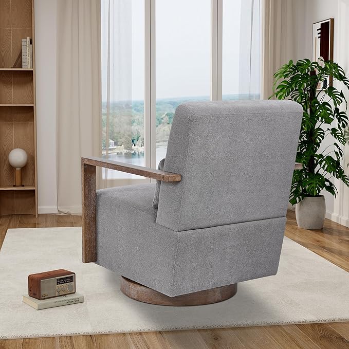 30.5 W Swivel Modern Fabric Upholstered Accent Chair with Solid Wood Armrests Comfy Lounge Reading Chair Side Armchair for Hotel Bedroom Living Room Office Nursery Room (Gray Linen)