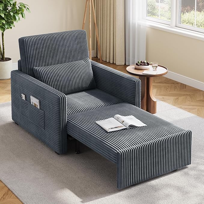 Ahomly 3 in 1 Pull Out Sleeper Chair 75.2 Long Convertible Sofa Bed for Adults Corduroy Armchair Chair Bed &amp Single Sleeper with Pillow for Dorm/Bedroom Dark Grey
