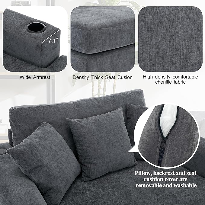 55 Oversized Chaise Lounger Modern Style Sofa Couch with Pillows Charge Station &amp Cup Holders Chenille Fabric Blue Gray