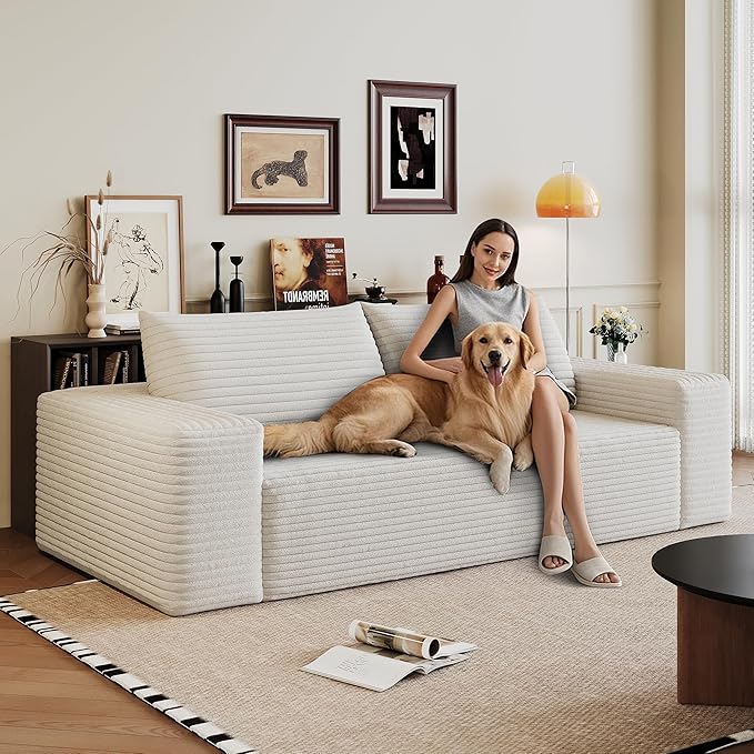 Modern Corduroy Loveseat Sofa2-Seater Cloud Couch with Memory Foam and Furry PillowsDeep Seat Small Sofa with Wide ArmrestsNo Assembly Couch in a Box for BedroomSmall Space (White70.8in)
