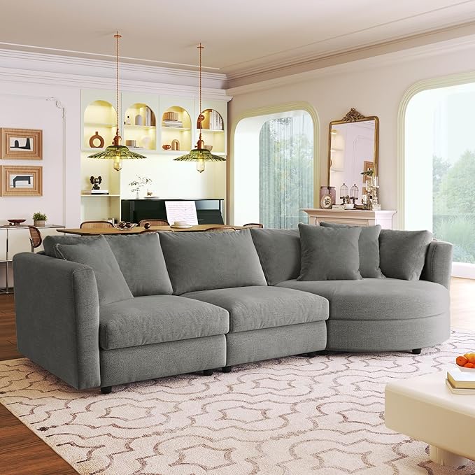 ERYE L-Shaped Right Facing Sectional Sofa Oversized Chenille Upholstered Corner Couch W/Curved Chaise Seat and 3 Toss Pillows Modern L-Shaped Sofa Couches for Living Room