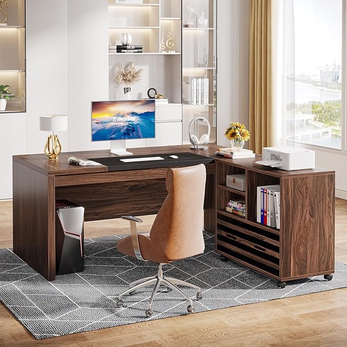 Tribesigns 62.2 Executive Desk with Mobile File Cabinet L-Shaped Office Desk with Storage Shelves Large Computer Table Business Workstation Set for Home Office Dark Brown