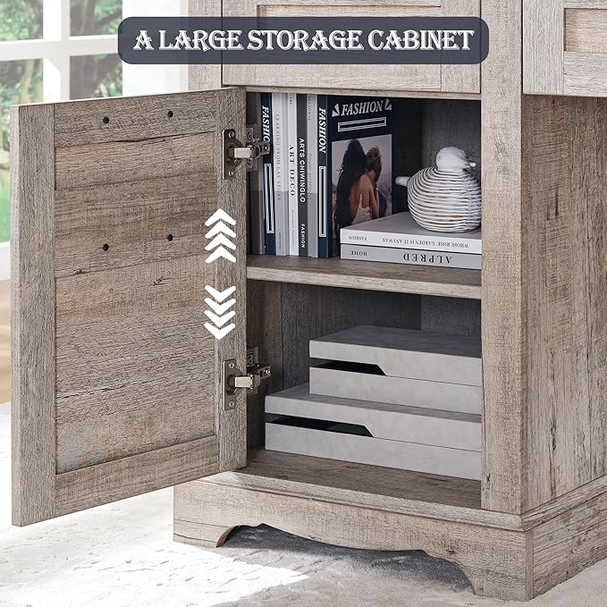 RedLemon 60 Farmhouse L Shaped Executive Desk with Drawers Wood Home Office Corner Desk with Charging Station File Drawer Storage Cabinet Rustic Computer Writing Desk (Light Rustic Oak)