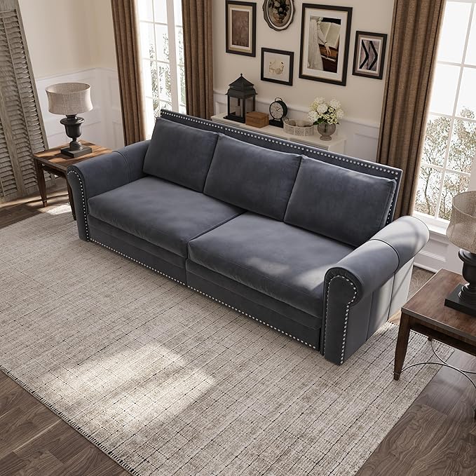 93.7 King Pull Out Sofa Bed Velvet Convertible Sleeper Couch with Nailhead Trim Oversized Mid Century Modern Chesterfield Sofa Sleeper Sectional Couch for Living Room Grey