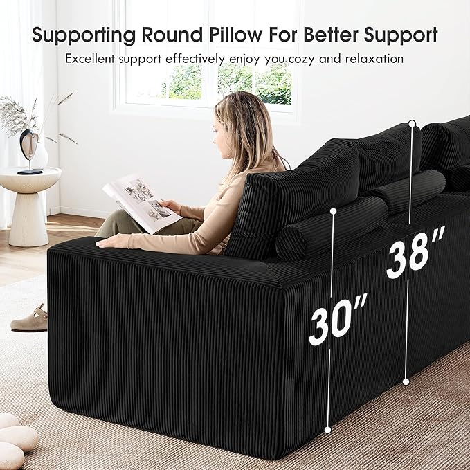 108 Modular Cloud Sectional Sofa 17.8 Comfort Height &amp Neck Pillow Modern Corduroy Couch with L-Shape Oversized Chaise for Living Room Bedroom No Assembly Required (Black)