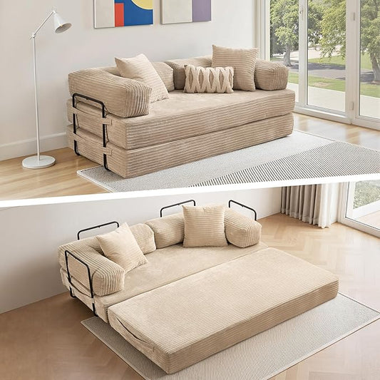 4-in-1 Folding Convertible Sofa Bed 81 Boneless Couch with Pillow Back Support Armrest Corduroy Loveseat Sleeper Compression Couch Floor Sofas Futon for Living RoomBeige