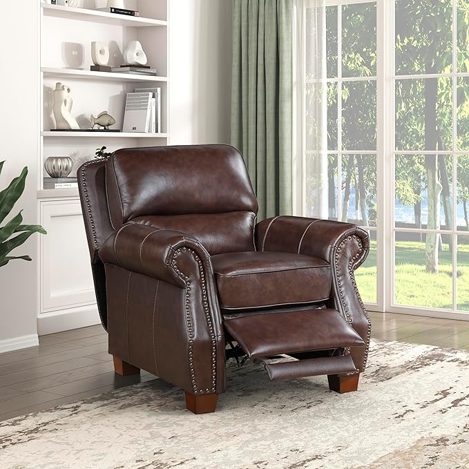Lexicon Push Back Reclining Chair Top Grain Leather Match Push Back Recliner Chair with Nailhead Trim Rolled Arms Solid Wood Legs for Living Room/Apartment/Office Easy Assembly Brown
