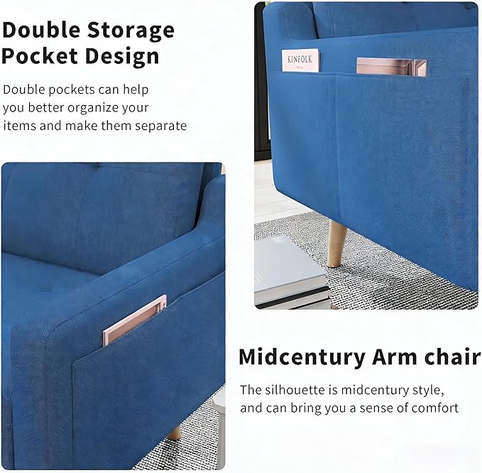 EJUNQ Mid Century Accent Chair Upholstered ArmchairComfy Reading Chair with Wood LegsModern Single Sofa Chair for Living Room Bedroom Small Spaces (2 Blue)