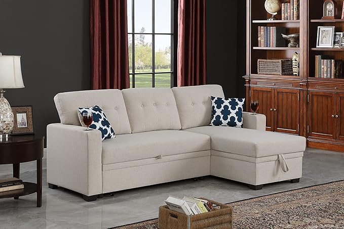 Ball &amp Cast Sectional Sleeper Sofa Couch with Pull Out BedL Shaped Sleeper Sofa Bed with Cupholder ArmrestsConvertible Sleeper Sectional Sofa W/Reversible Storage Chaise&ampBack Cushionfor Liv