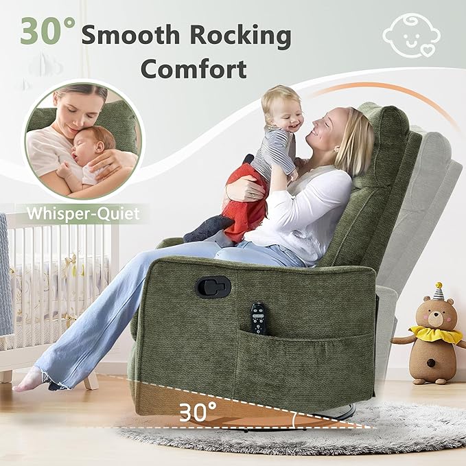 cinkehome Swivel Rocker Recliner Glider Rocking Recliner Chair for Nursery Manual Reclining Chair with Heated Massage Small Spaces Living Room Olive Green Chenille