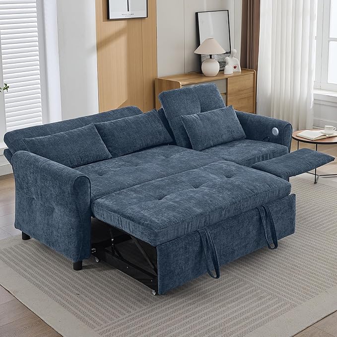 Merax 2-in-1 Convertible Sofa Bed &amp Recliner Sofa 82 3-Seater Sofa Pull-Out Sleeper Sofa 3 Level Adjustable Backrest Reversible Left/Right with USB Charging Ports Easy to Assemble (Blue)