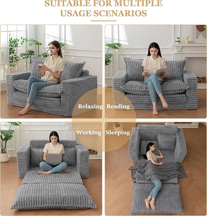 YOSHOOT Loveseat Sleeper Sofa Convertible Sofa Bed Couch Futon Couches for Living Room 3-in-1 Pull Out Floor Couch with Cushion and Pillows Dark Grey