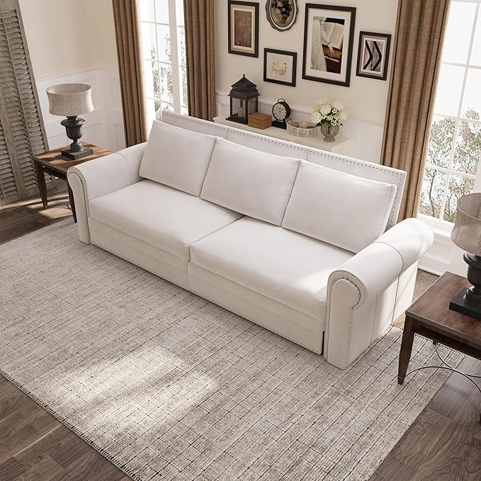 93.7 Velvet Convertible Sleeper Sofa 3 in 1 King Size Pull Out Sofa Bed Loveseat Couch for Living Room Bedroom Cream White